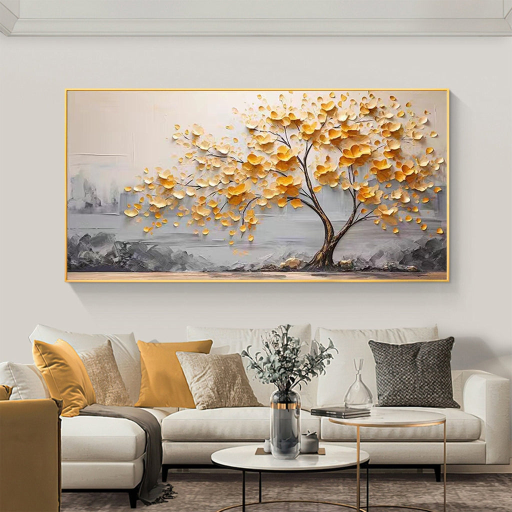 Artvista Gallery Golden Blossom Tree Textured Abstract Painting Blue-Green BGM 010