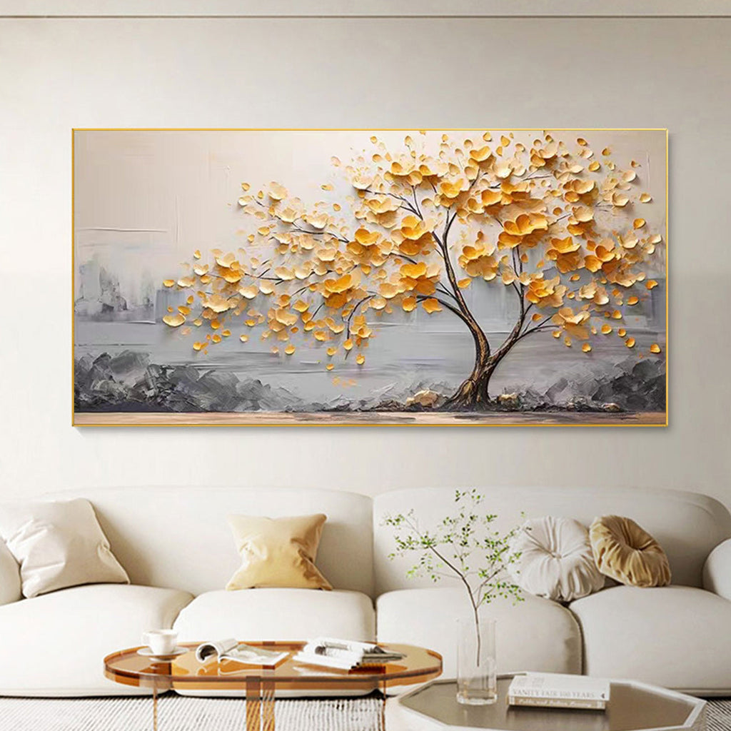 Artvista Gallery Golden Blossom Tree Textured Abstract Painting Blue-Green BGM 010
