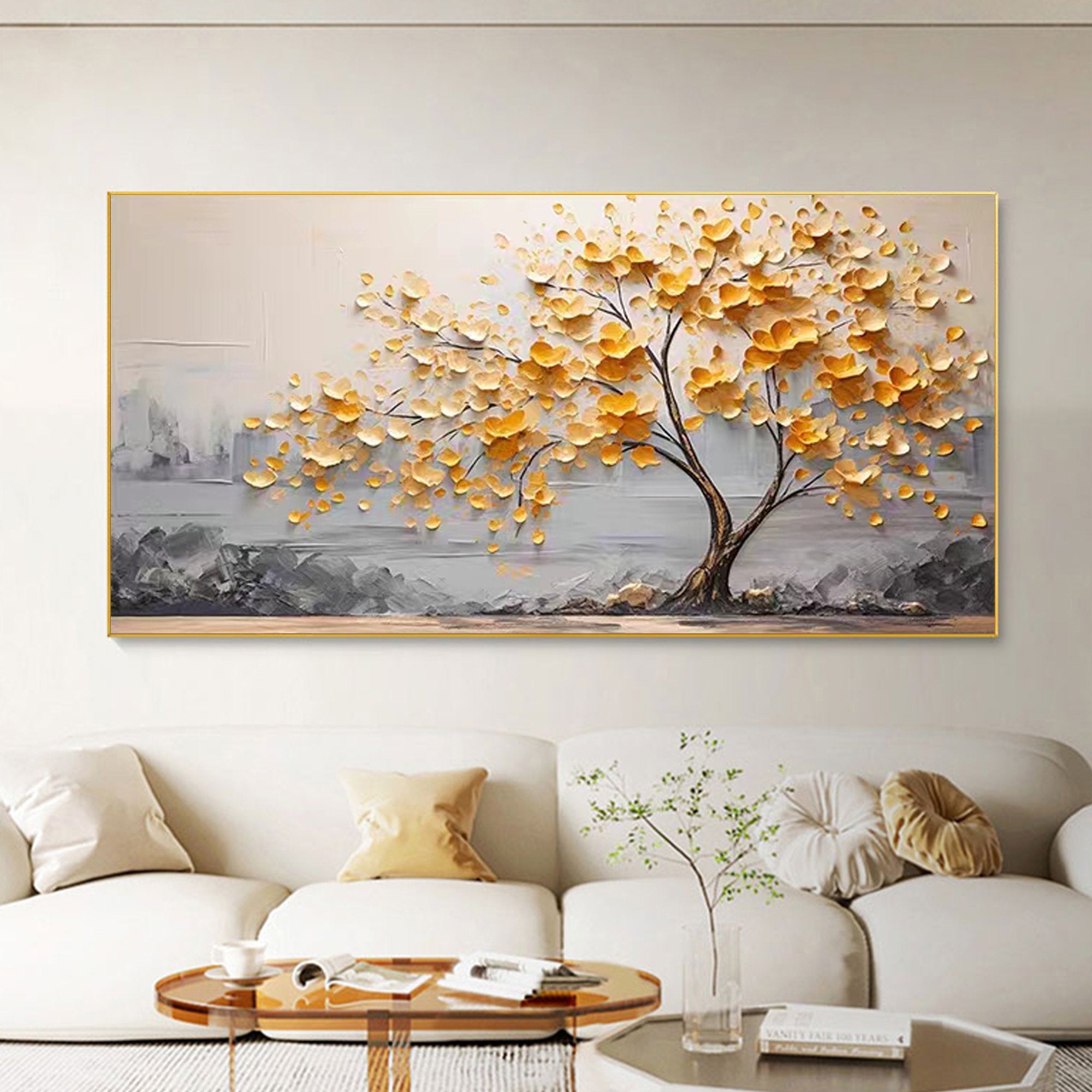 Artvista Gallery Golden Blossom Tree Textured Abstract Painting Blue-Green BGM 010