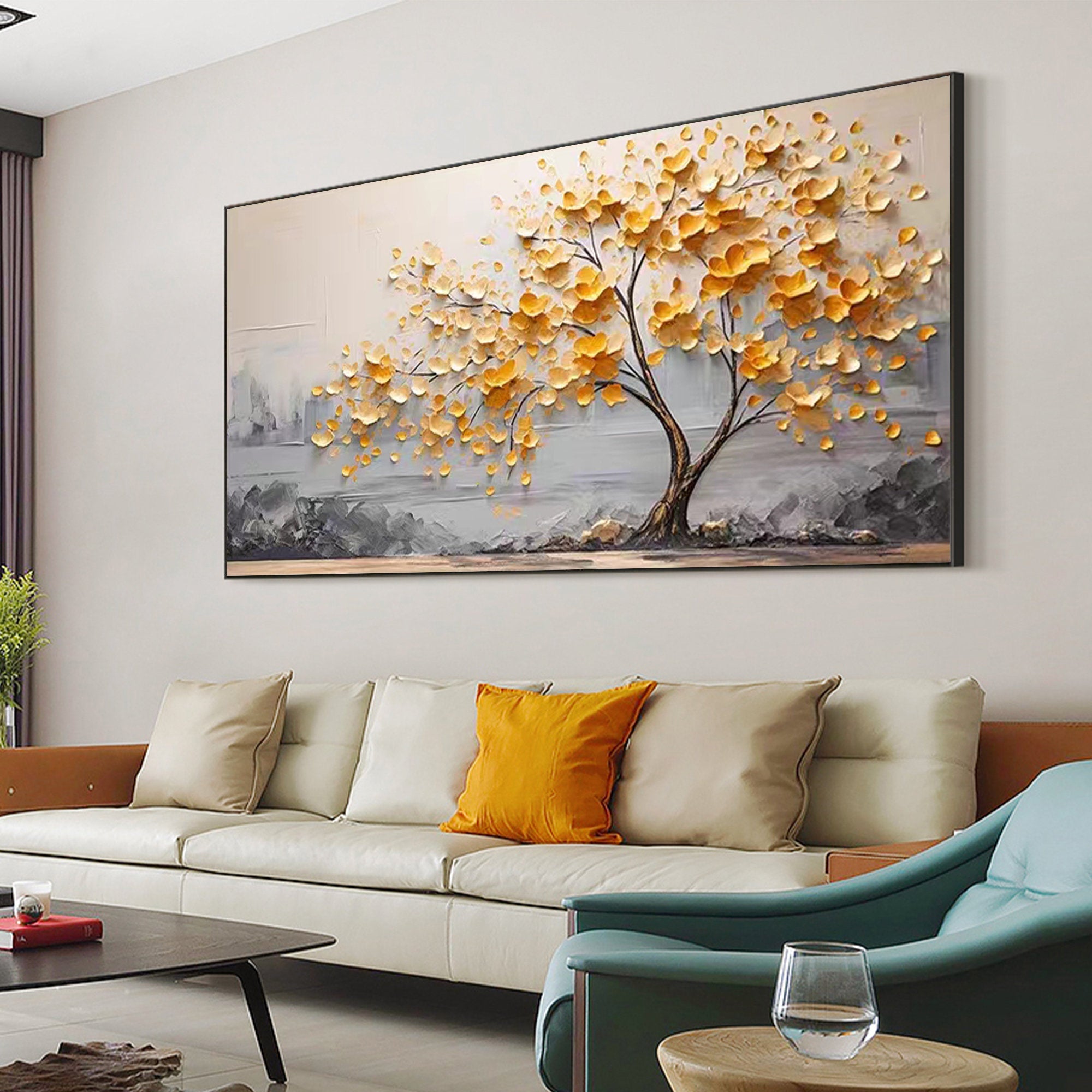 Artvista Gallery Golden Blossom Tree Textured Abstract Painting Blue-Green BGM 010