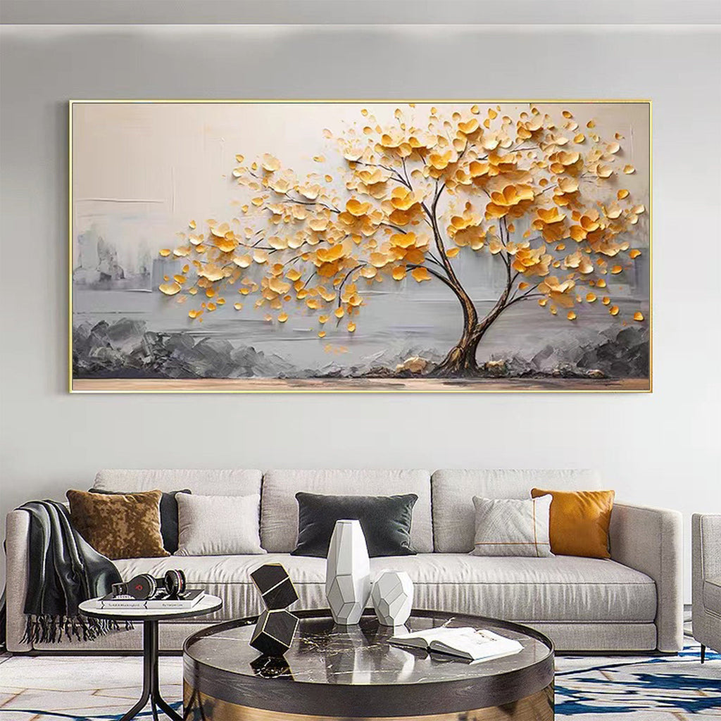 Artvista Gallery Golden Blossom Tree Textured Abstract Painting Blue-Green BGM 010
