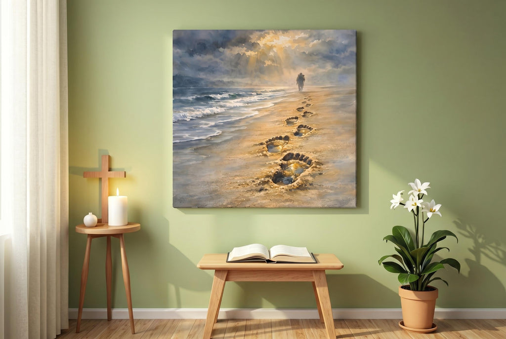 MAYIMOR Footprints Beach Canvas Art Christian Grief Comfort Memorial Painting